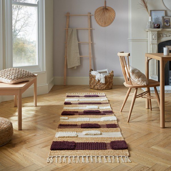 Violets/dabīga toņa ar rokām darināts celiņa paklājs no džutas maisījuma 60x230 cm Medina Blocks – Flair Rugs-image-1