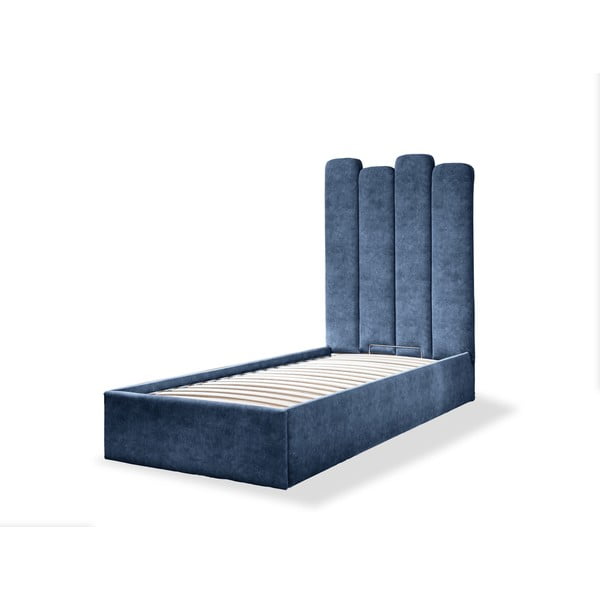Zila mīksta vienvietīga gulta ar uzglabāšanas vietu un režģi 90x200 cm Dreamy Aurora – Miuform