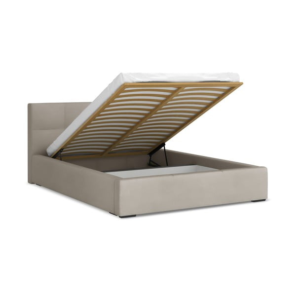 Pelēkbrūna samta polsterēta divvietīga gulta ar veļas kasti ar redelēm 140x200 cm Hiko – Makamii-image-1