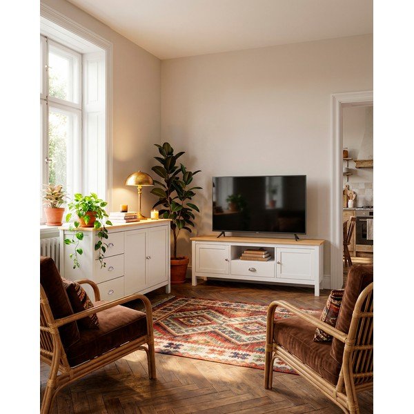 Balts/dabīga toņa priedes TV galdiņš 158x53 cm Misti – Marckeric-image-1
