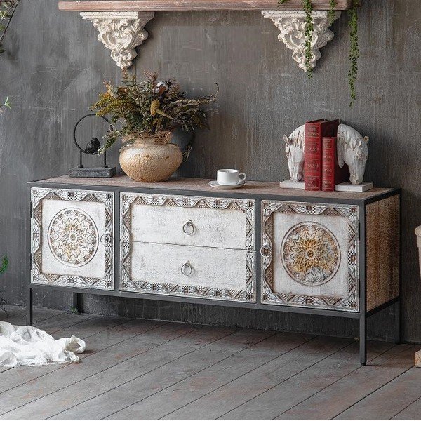 Dabīga toņa egles masīvkoka TV galdiņš 135x55 cm Jaipur – Burkina-image-1
