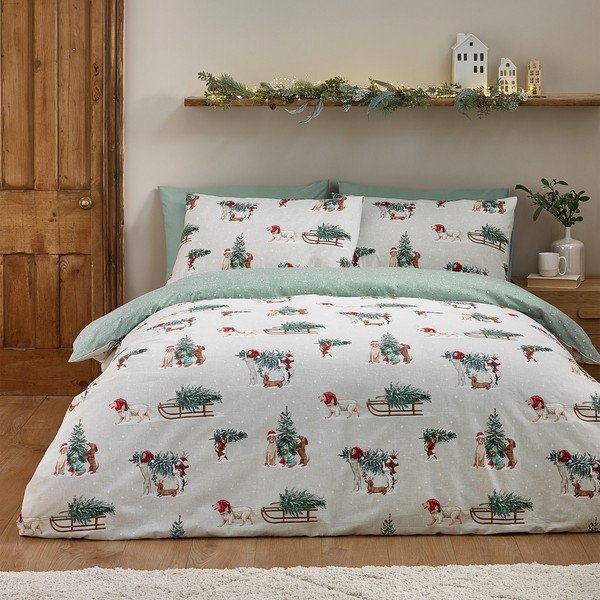 Zaļa/dabīga toņa divguļamā flaneļa gultas veļa 200x200 cm Brushed Christmas Dogs – Catherine Lansfield