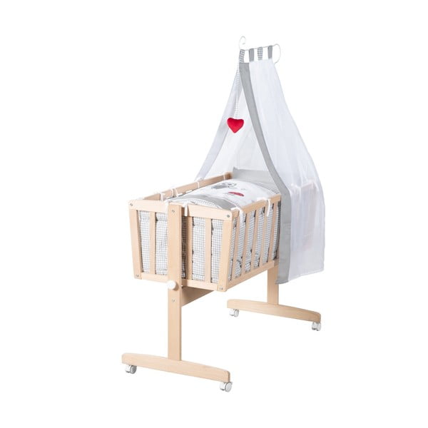 Dabīga toņa dižskābarža masīvkoka šūpulītis ar riteņiem/ar baldahīnu 40x90 cm Adam and Owl – Roba