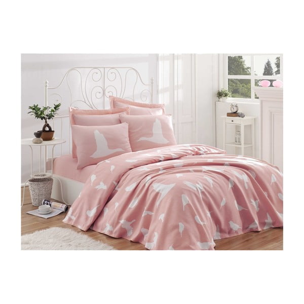 Rozā gaiši kokvilnas vienvietīgas gultas pārklājs Birdy,140 x 200 cm