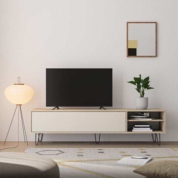 Krēmkrāsas TV galdiņš ar ozolkoka imitāciju 165x44 cm Aero – TemaHome -image-1