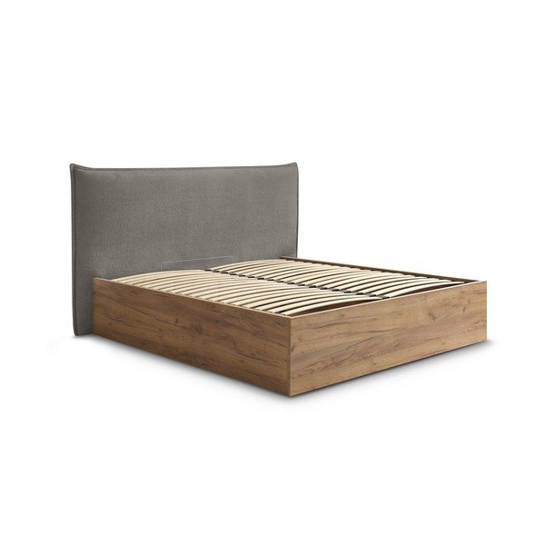 Pelēka/pelēkbrūna polsterēta polsterēta/no skaidu plāksnēm divvietīga gulta ar veļas kasti ar redelēm 180x200 cm Charlie – Bobochic Paris