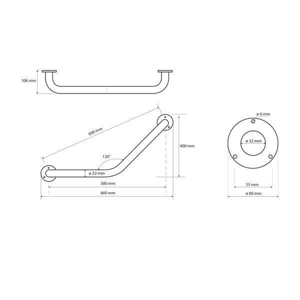 Tērauda sienas vannas istabas drošības rokturis 66 cm Handicap 120° – Sapho-image-1