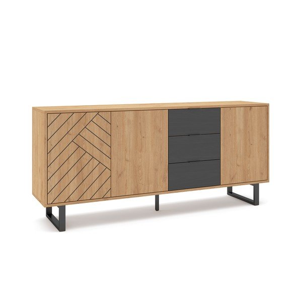 Antracīta pelēka/dabīga toņa zema kumode ar ozolkoka imitāciju 180x80 cm Madona – Marckeric-image-4