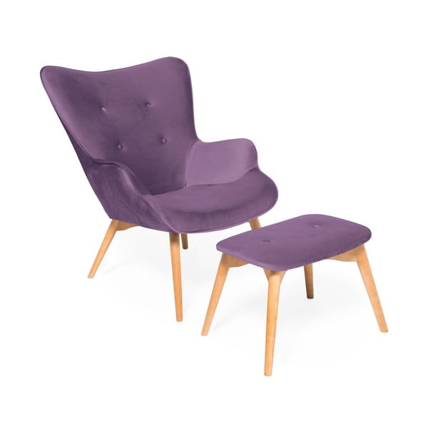 Violets krēsls un kāju paliktnis ar pamatni no dabīga Vivonita Cora samta