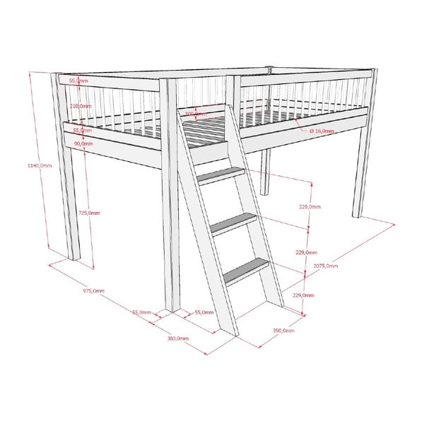 Balta dižskābarža masīvkoka paaugstināta bērnu gulta 90x200 cm Forrest – Vipack-image-3