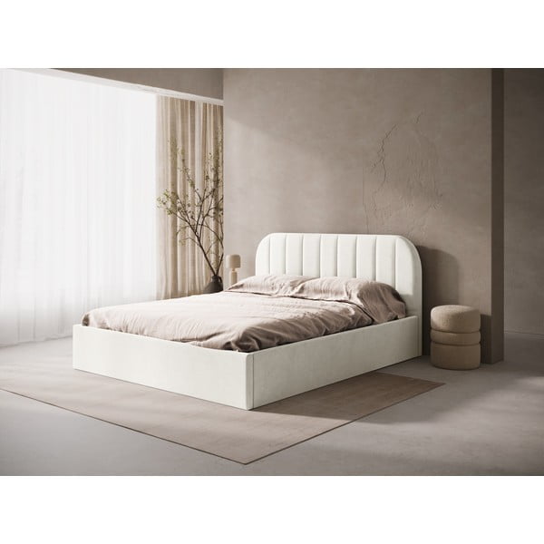 Krēmkrāsas polsterēta divvietīga gulta ar veļas kasti/bez galvgaļa ar redelēm 160x200 cm Susan – Micadoni -image-1