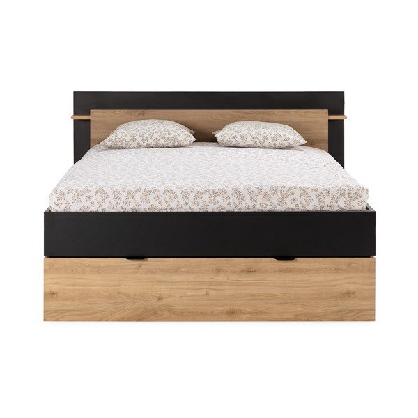 Melna/dabīga toņa divvietīga gulta ar ozolkoka imitāciju un veļas kasti bez režģa 140x190 cm Albo – Marckeric-image-4