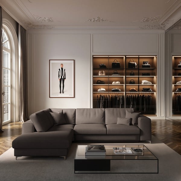 Pelēkbrūns samta salokāms stūra dīvāns ar uzglabāšanas vietu (ar kreiso stūri/L veida) Rene – Rodier-image-1