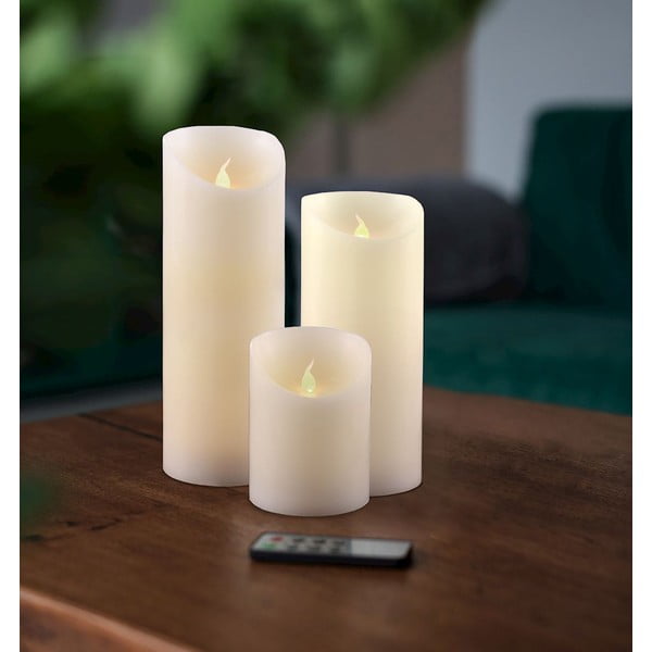 3 LED sveču komplekts ar tālvadības pulti DecoKing Wax, augstums 10; 15 un 20 cm