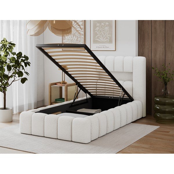 Krēmkrāsas polsterēta vienvietīga gulta ar veļas kasti ar redelēm 90x200 cm Lamica – ELTAP-image-4