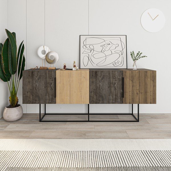 Brūna/dabīga toņa zema kumode ar ozolkoka imitāciju 200x80 cm Titan – Marckeric-image-4