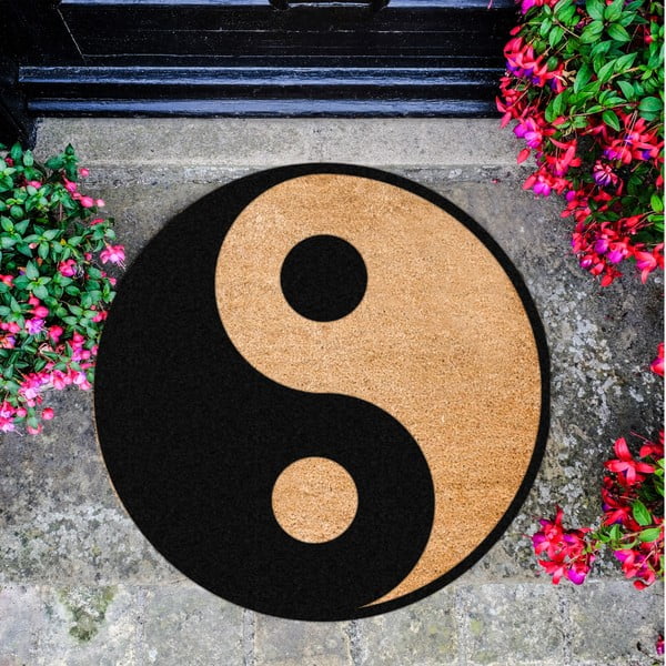 Melns apaļš paklājs no dabīgās kokosšķiedras Artsy Doormats Yin Yang, ⌀ 70 cm-image-2