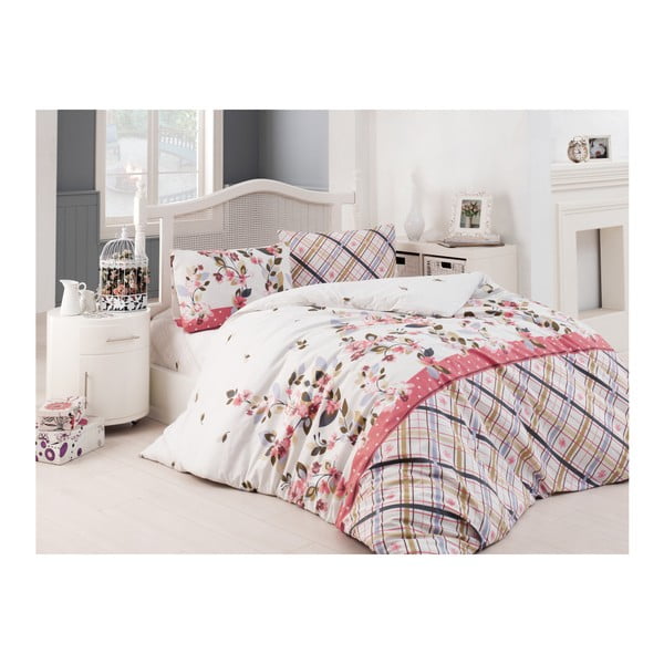 Sarkanbaltsarkana un balta ranforce kokvilnas vienvietīga gultas pārklājs Country Girl, 160 x 220 cm