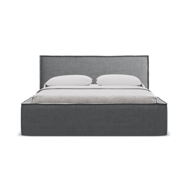 Tumši pelēka polsterēta divvietīga gulta ar veļas kasti un redelēm 140x200 cm Anani – Makamii-image-3