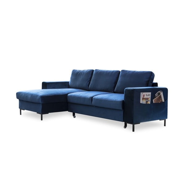 Tumši zils samta izlaižams stūra dīvāns Miuform Lofty Lilly, kreisais stūris