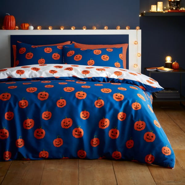 Zila/oranža divguļamā gultas veļa 230x220 cm Halloween Pumpkins – Catherine Lansfield-image-1