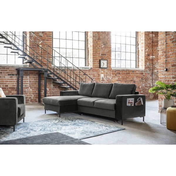 Tumši pelēks samta izlaižams stūra dīvāns Miuform Lofty Lilly, kreisais stūris-image-3