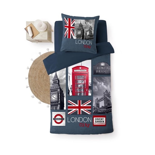 Tumši zila vienguļamā kokvilnas gultas veļa 140x200 cm City London – douceur d'intérieur