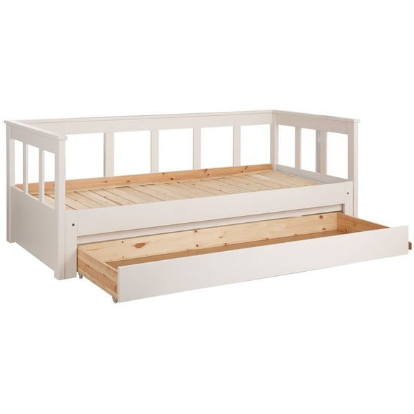 Balta priedes masīvkoka izvelkama bērnu gulta ar veļas kasti 90x200 cm PINO – Vipack
