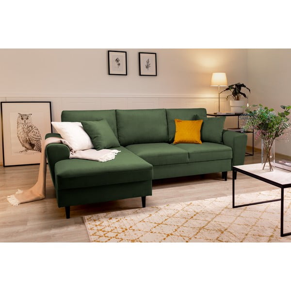 Zaļš velveta izvelkamais stūra dīvāns ar uzglabāšanas vietu Micadoni Home Moghan, kreisais stūris-image-1