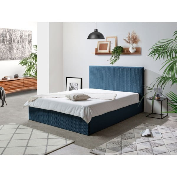 Tumši zila mīksta divguļamā gulta ar glabāšanas vietu un režģi 160x200 cm Adele – Bobochic Paris-image-1