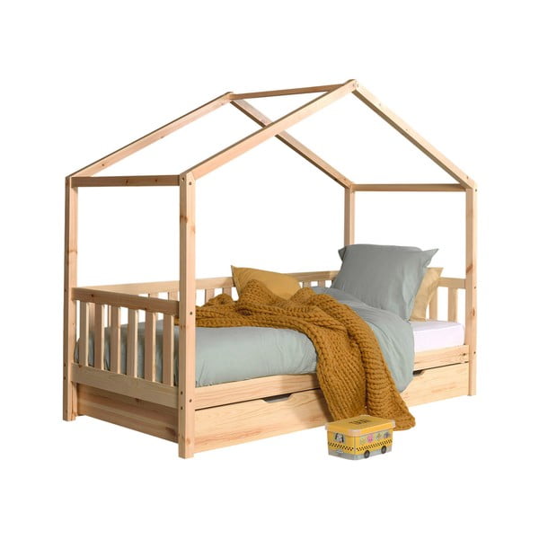 Dabīga toņa priedes masīvkoka bērnu gulta mājas formā/izvelkama ar veļas kasti 90x200 cm DALLAS – Vipack