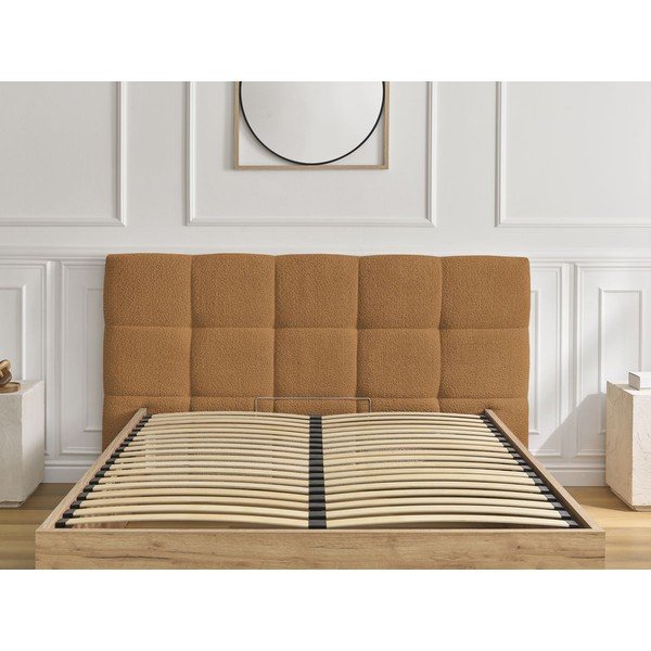 Okera dzeltena polsterēta polsterēta/no skaidu plāksnēm divvietīga gulta ar veļas kasti ar redelēm 180x200 cm Kumo – Bobochic Paris-image-4