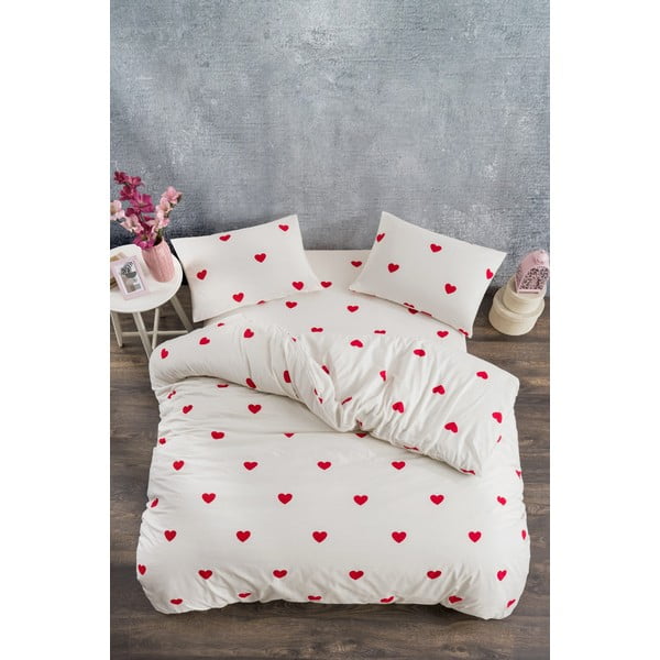 Krēmkrāsas divguļamā gultas veļa no ranforce kokvilnas ar palagu 200x220 cm Mini Hearts – Mila Home