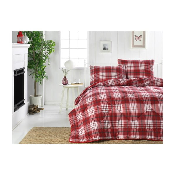 Sarkanbalts un balts stepēts gultas pārklājs Country Harmony, 195 x 215 cm