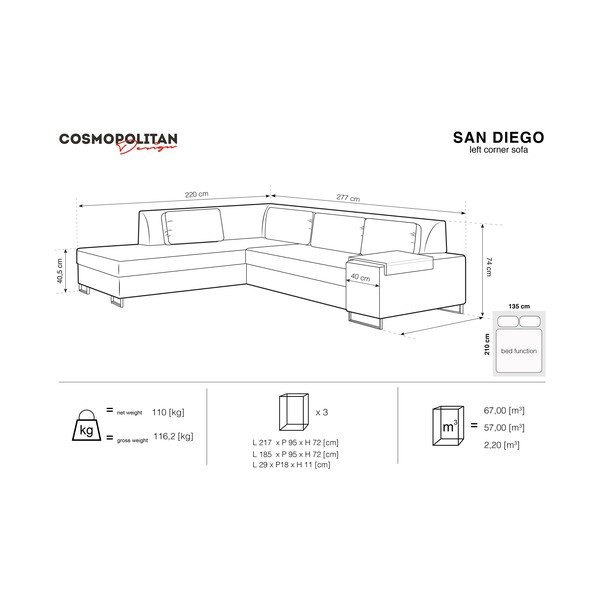 Cosmopolitan Design San Diego pelēks dīvāns, kreisais stūris-image-2