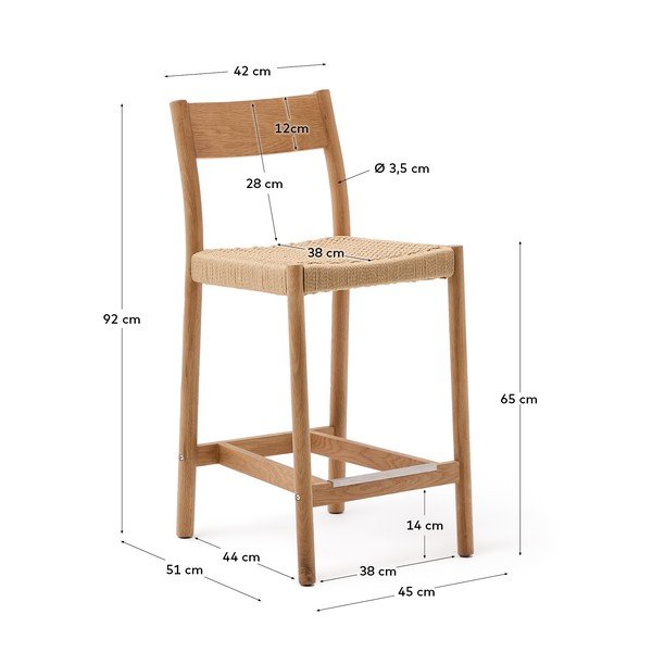 Dabīga toņa ozola masīvkoka bāra krēsls (sēdekļa augstums 65 cm) Yalia – Kave Home-image-3