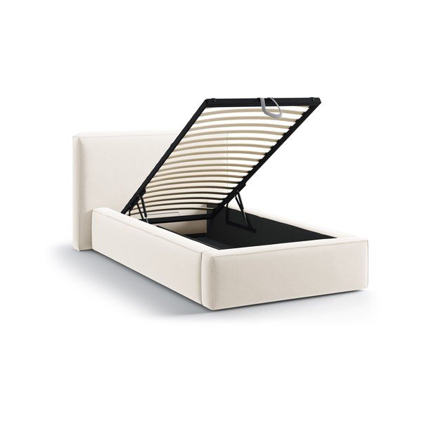 Krēmkrāsas polsterēta vienvietīga gulta ar veļas kasti un redelēm 90x200 cm Jodie – Micadoni -image-1