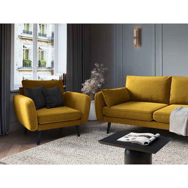 Dzeltens samta atpūtas krēsls ar melnām kājām Kooko Home Lento-image-4