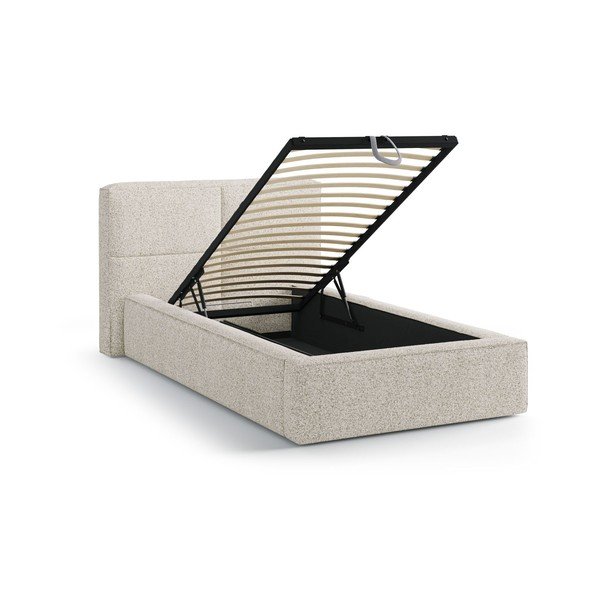 Bēša polsterēta vienvietīga gulta ar veļas kasti un redelēm 90x200 cm Darren – Micadoni -image-1