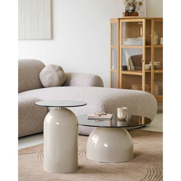 Bēšs apaļš žurnālgaldiņš ar stikla galda virsmu ø 70 cm Ravello – House Nordic-image-3