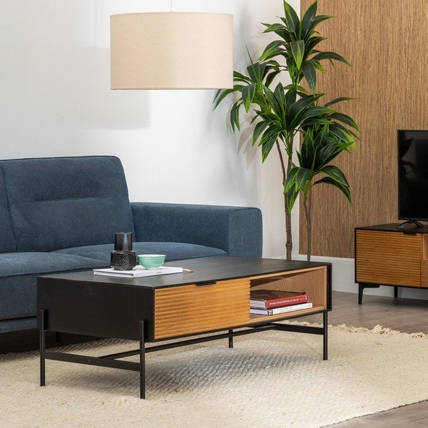 Melns/dabīga toņa žurnālgaldiņš ar oškoka imitāciju 60x124 cm Orleans – Ixia-image-2