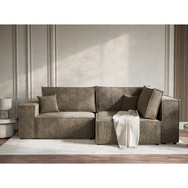 Brūns salokāms stūra dīvāns no šenila auduma ar uzglabāšanas vietu (ar labo stūri/L veida) Tonga – Maison de Rêve-image-1