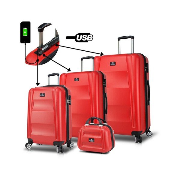 3 sarkanu ceļojumu koferu komplekts uz riteņiem ar USB pieslēgvietām un rokas somu My Valice LASSO Travel Set-image-4
