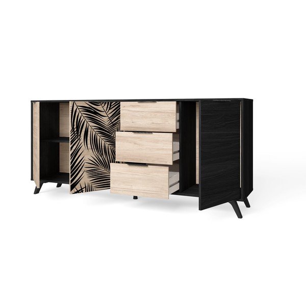 Melna zema kumode ar ozolkoka imitāciju 181x81 cm Palmera – Marckeric-image-3