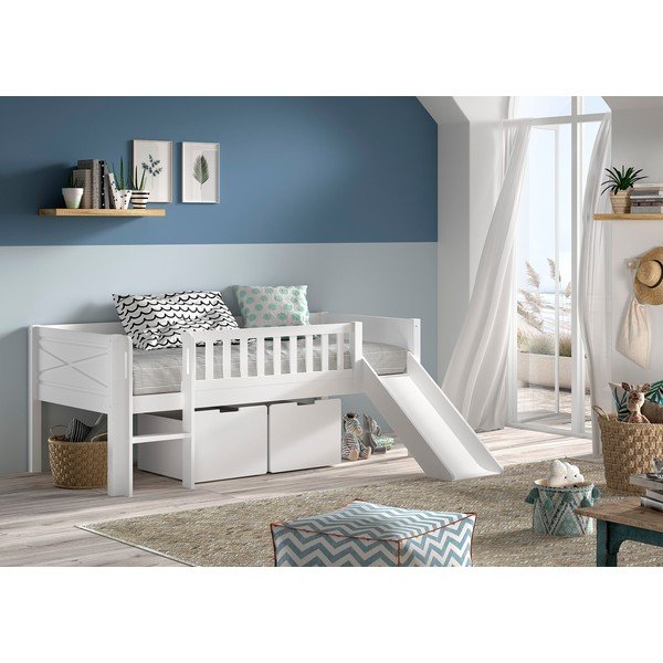 Balta priedes masīvkoka paaugstināta bērnu gulta ar veļas kasti un redelēm 90x200 cm Scott – Vipack-image-1