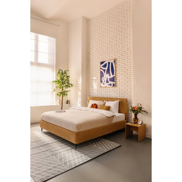 Sinepju dzeltena polsterēta divvietīga gulta ar matraci un redelēm 160x200 cm Noira Slim – Bonami Selection-image-1