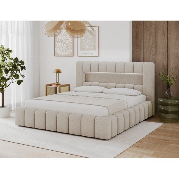Bēša polsterēta divvietīga gulta ar veļas kasti ar redelēm 140x200 cm Lamica – ELTAP-image-1