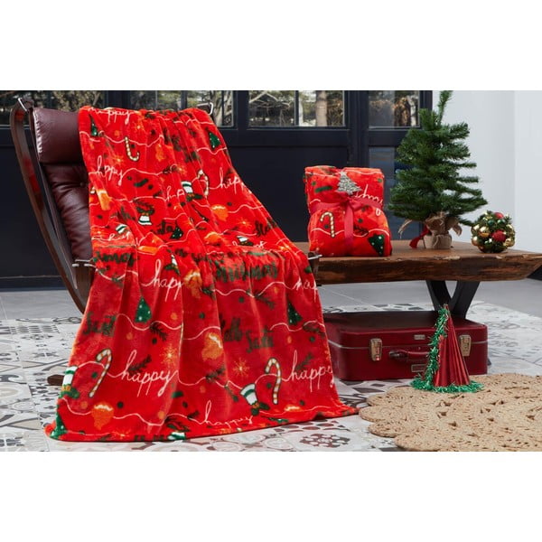 Sarkans mikroplīša pleds ar Ziemassvētku motīvu 100x170 cm – Mila Home-image-1