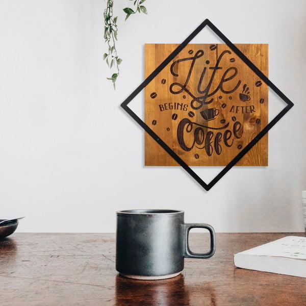 Koka/metāla sienas dekors 54x54 cm Life Begins After Coffee – Wallity-image-2