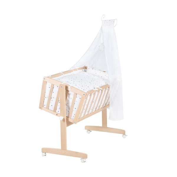 Dabīga toņa dižskābarža masīvkoka šūpulītis ar riteņiem/ar baldahīnu 40x90 cm – Roba-image-2